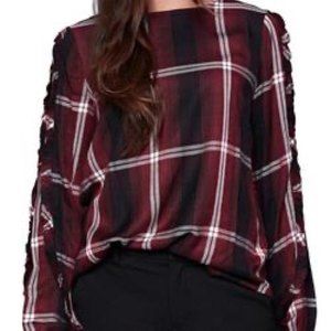 Sanctuary Ruffled Sleeve Plaid Zinfandel Top Black/Red blouse punk